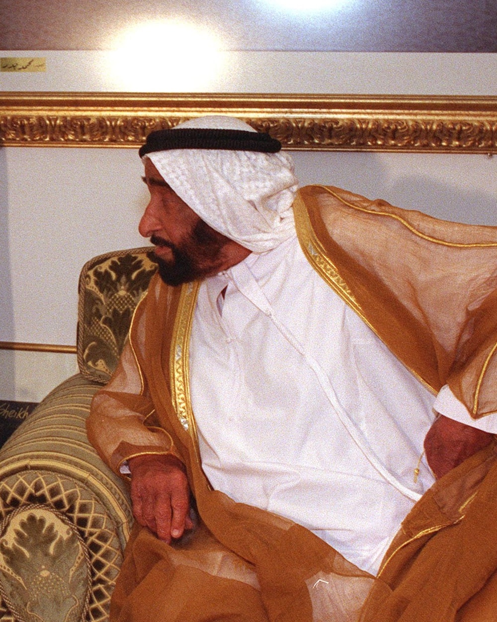 Sheikh Zayed bin Sultan Al Nahyan, Founding Father of the United Arab Emirates, seated in a majlis in 1998