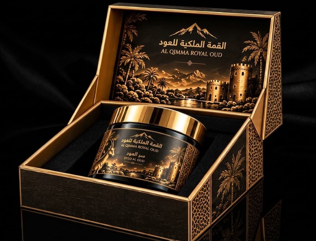 Al Qimma Royal Oud black and gold gift boxes and jars